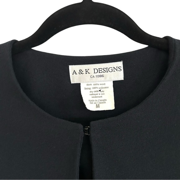 A & K DESIGNS Vintage 90's Black Wool Collarless Round Neck Jacket Size Medium - Picture 4 of 8
